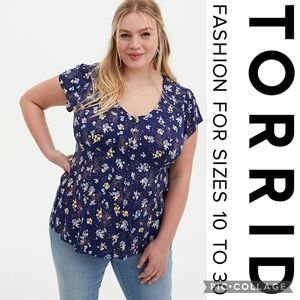 Torrid 5X Stretch Challis Lace-Up Back Top — Floral Blue